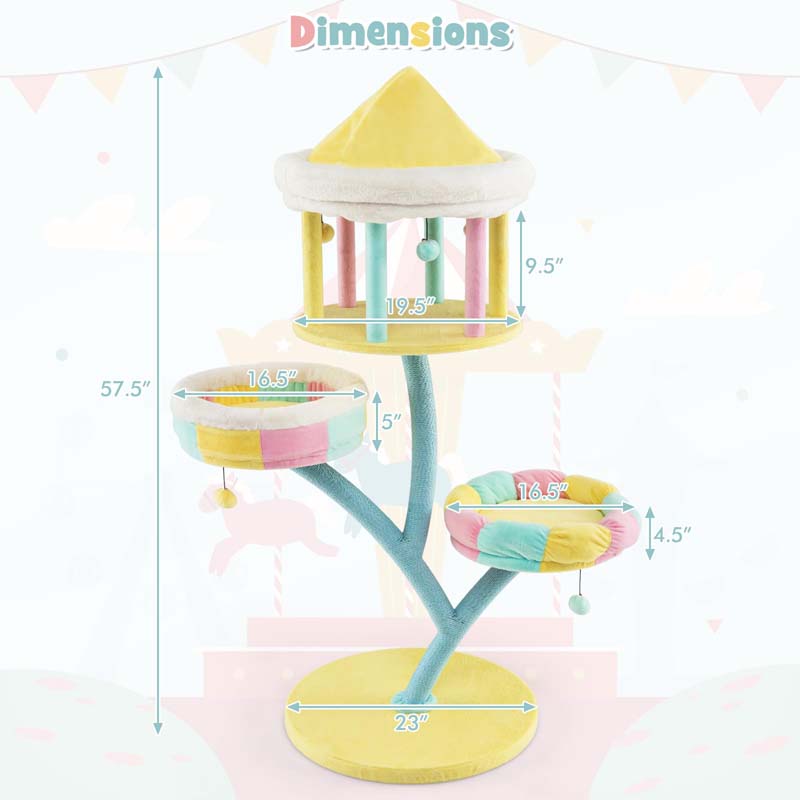 57.5"H Amusement Park Style Cat Tree Tower with Scratching Posts, Top Open Condo, 2 Perches, Dangling Balls