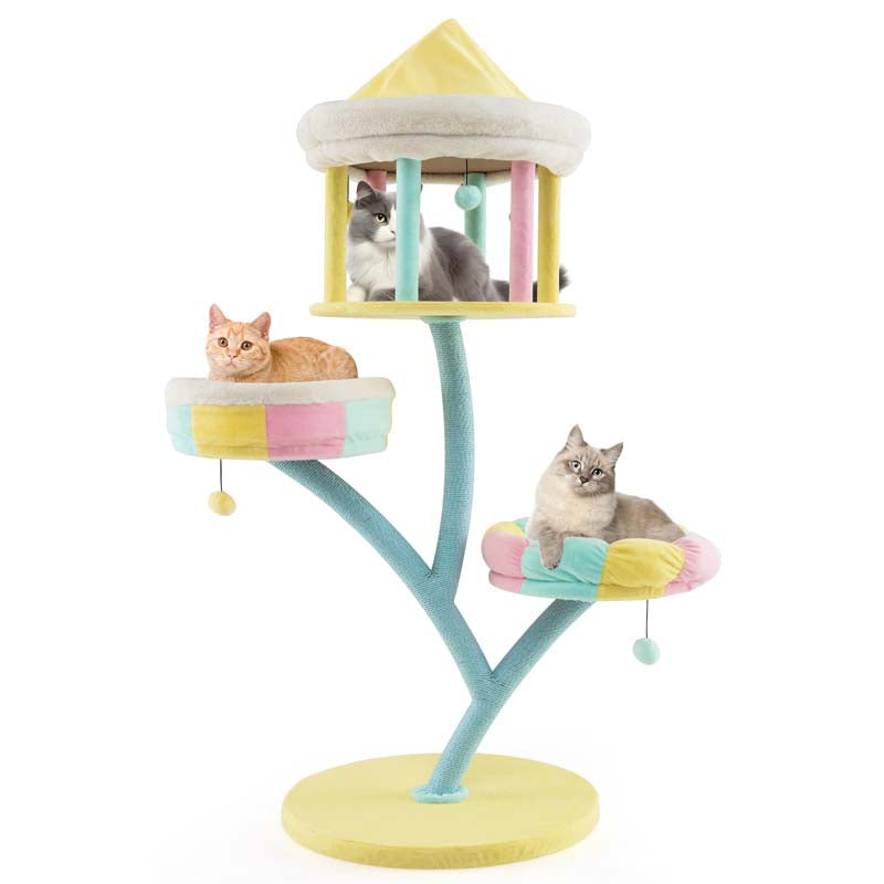 57.5"H Amusement Park Style Cat Tree Tower with Scratching Posts, Top Open Condo, 2 Perches, Dangling Balls