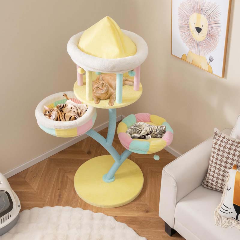 57.5"H Amusement Park Style Cat Tree Tower with Scratching Posts, Top Open Condo, 2 Perches, Dangling Balls