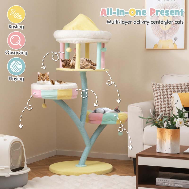 57.5"H Amusement Park Style Cat Tree Tower with Scratching Posts, Top Open Condo, 2 Perches, Dangling Balls
