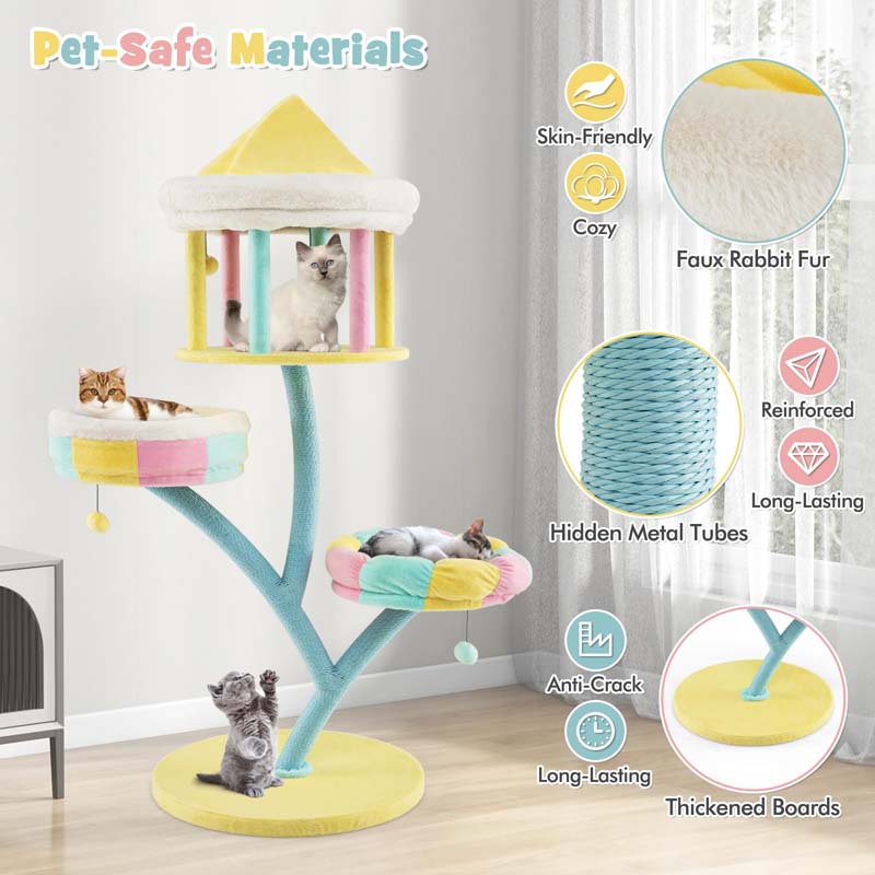 57.5"H Amusement Park Style Cat Tree Tower with Scratching Posts, Top Open Condo, 2 Perches, Dangling Balls