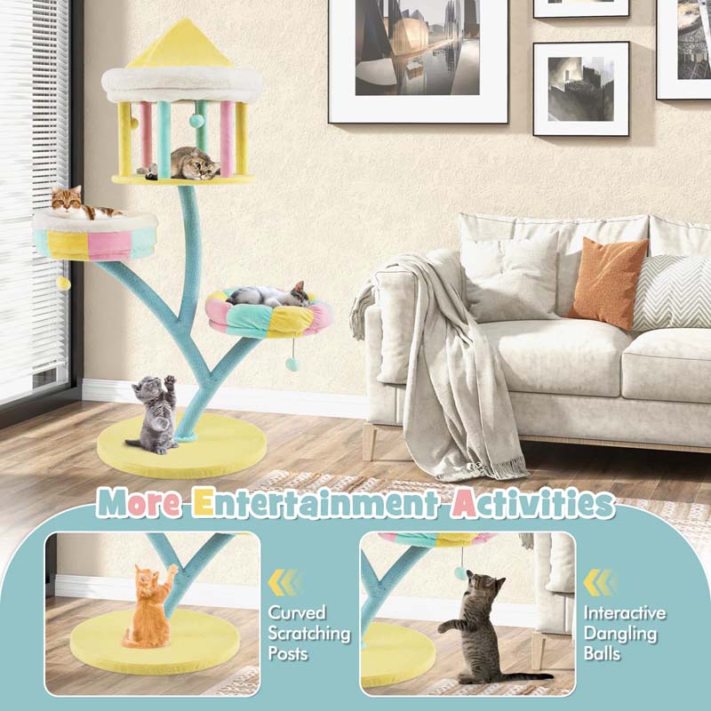 57.5"H Amusement Park Style Cat Tree Tower with Scratching Posts, Top Open Condo, 2 Perches, Dangling Balls