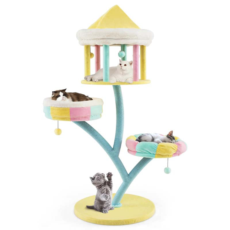 57.5"H Amusement Park Style Cat Tree Tower with Scratching Posts, Top Open Condo, 2 Perches, Dangling Balls
