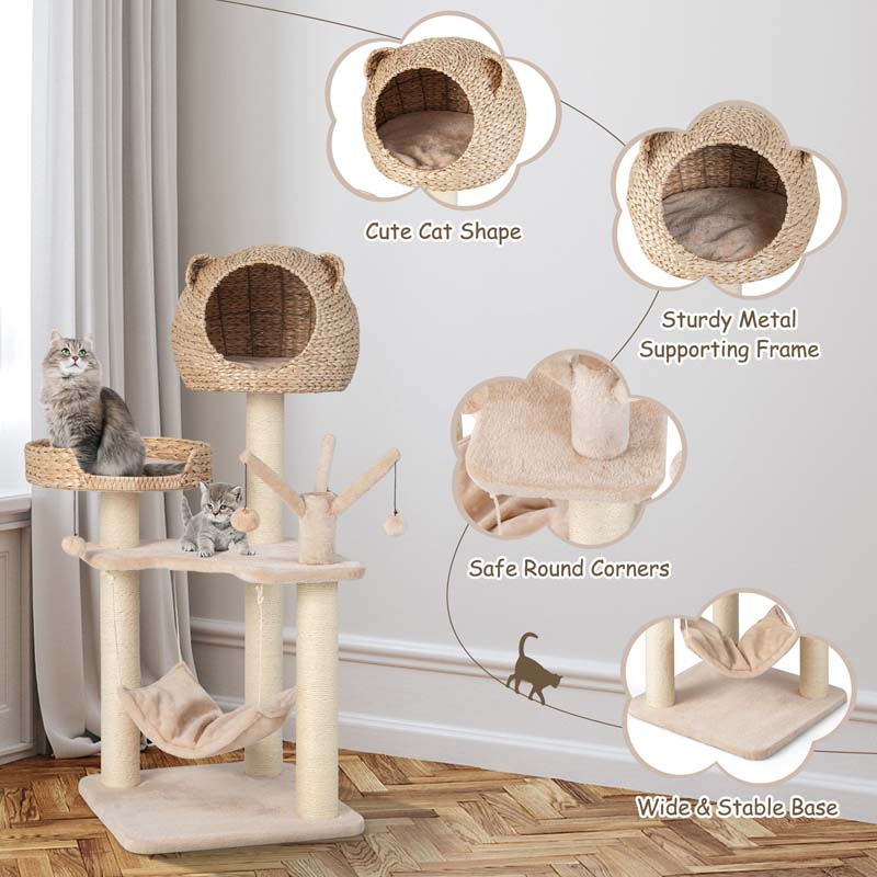 Hand-Made Cattail Cat Condo with Funny Toy Balls, Hammock, Scratching Posts, Multi-Level Modern Cat Tree Tower for Large Cats