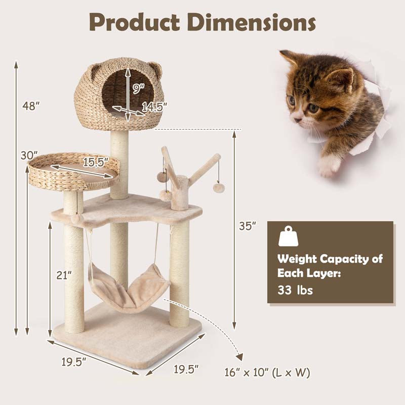 Hand-Made Cattail Cat Condo with Funny Toy Balls, Hammock, Scratching Posts, Multi-Level Modern Cat Tree Tower for Large Cats