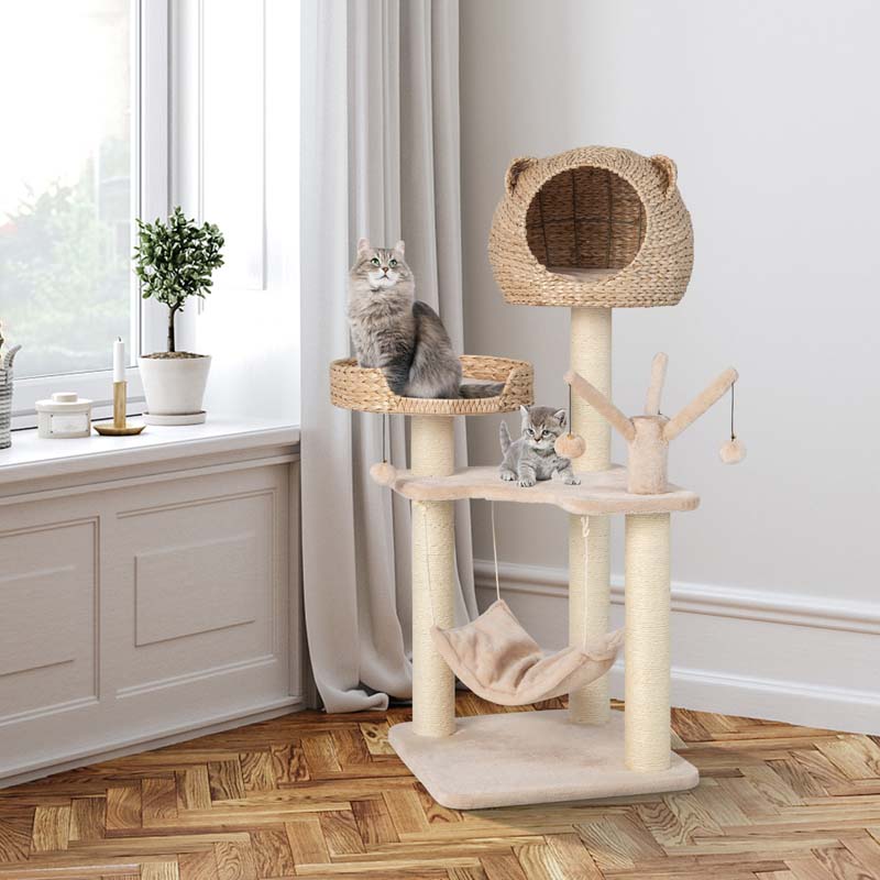 Hand-Made Cattail Cat Condo with Funny Toy Balls, Hammock, Scratching Posts, Multi-Level Modern Cat Tree Tower for Large Cats