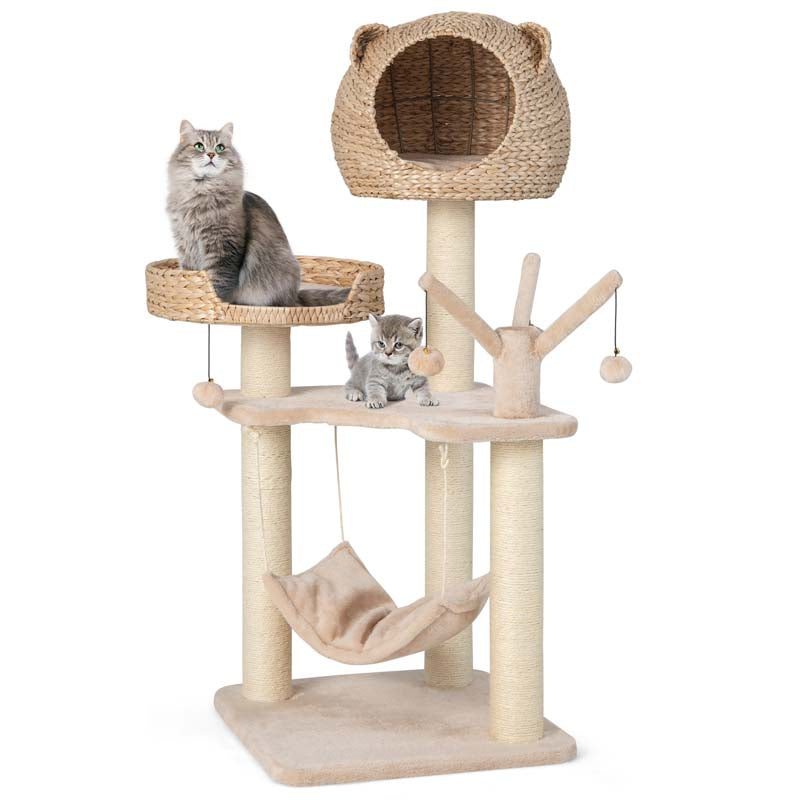 Hand-Made Cattail Cat Condo with Funny Toy Balls, Hammock, Scratching Posts, Multi-Level Modern Cat Tree Tower for Large Cats
