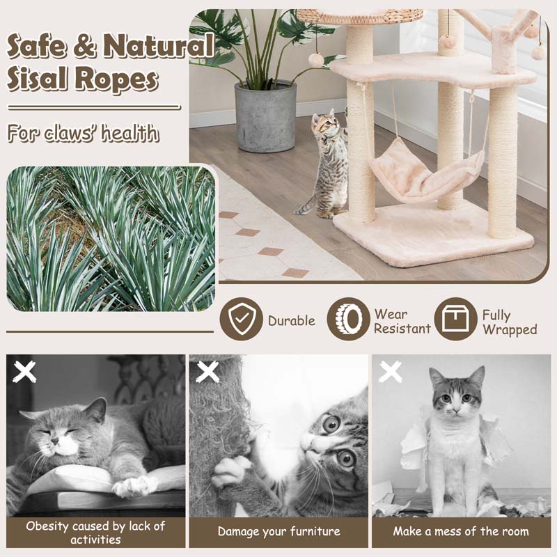 Hand-Made Cattail Cat Condo with Funny Toy Balls, Hammock, Scratching Posts, Multi-Level Modern Cat Tree Tower for Large Cats