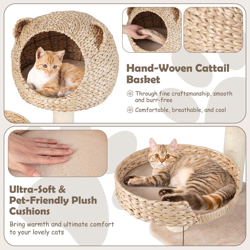 Hand-Made Cattail Cat Condo with Funny Toy Balls, Hammock, Scratching Posts, Multi-Level Modern Cat Tree Tower for Large Cats