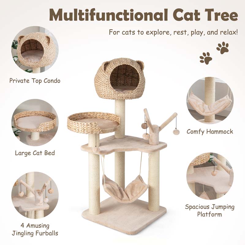 Hand-Made Cattail Cat Condo with Funny Toy Balls, Hammock, Scratching Posts, Multi-Level Modern Cat Tree Tower for Large Cats