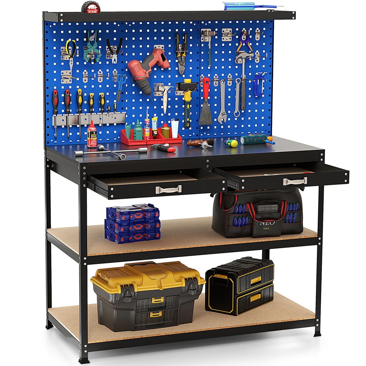 48" x 24" Workbench Work Table with 3 PCs Pegboard, Drawer & Shelves, 24 Hanging Accessories, 506 LBS Heavy-Duty Metal Tool Work Station