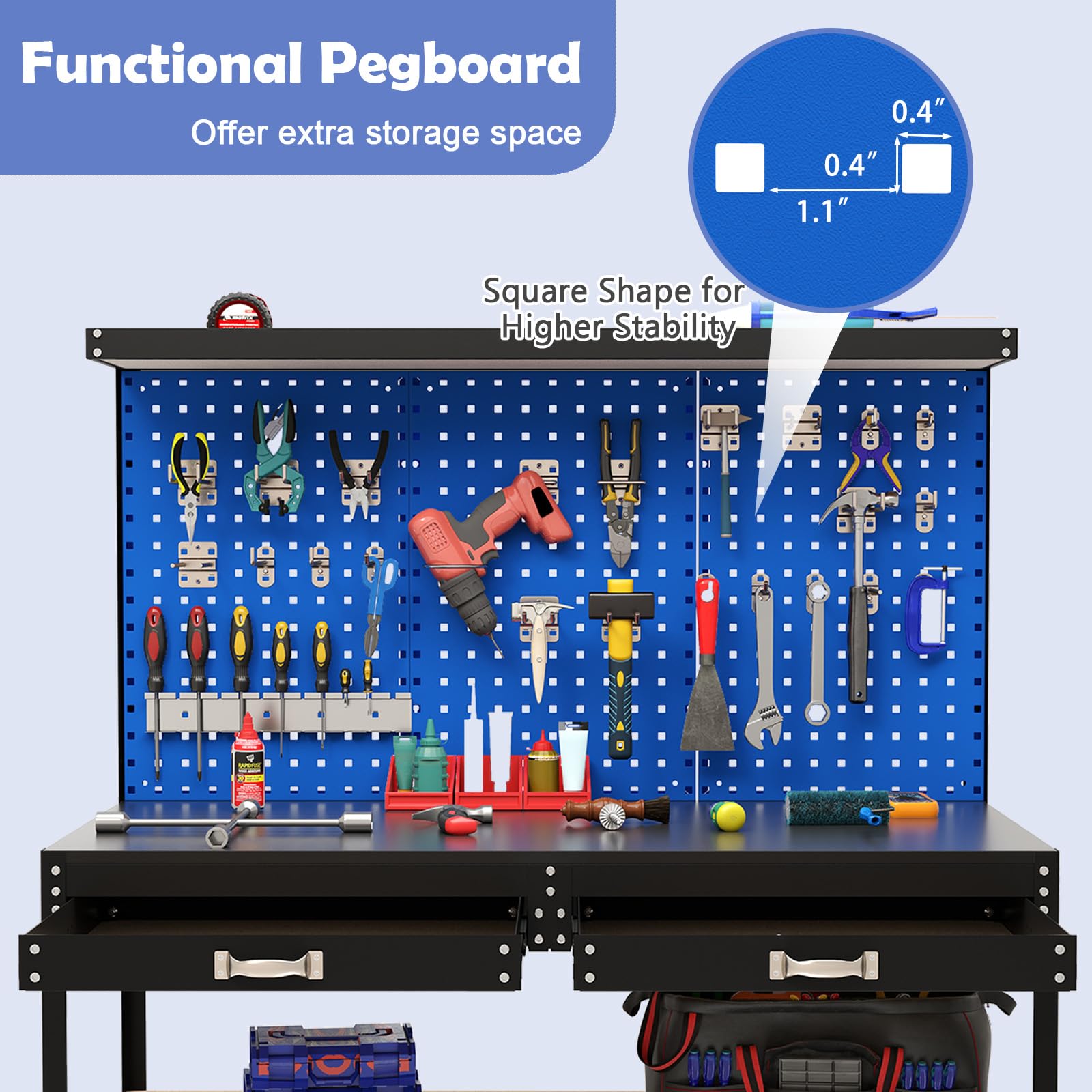 48" x 24" Workbench Work Table with 3 PCs Pegboard, Drawer & Shelves, 24 Hanging Accessories, 506 LBS Heavy-Duty Metal Tool Work Station