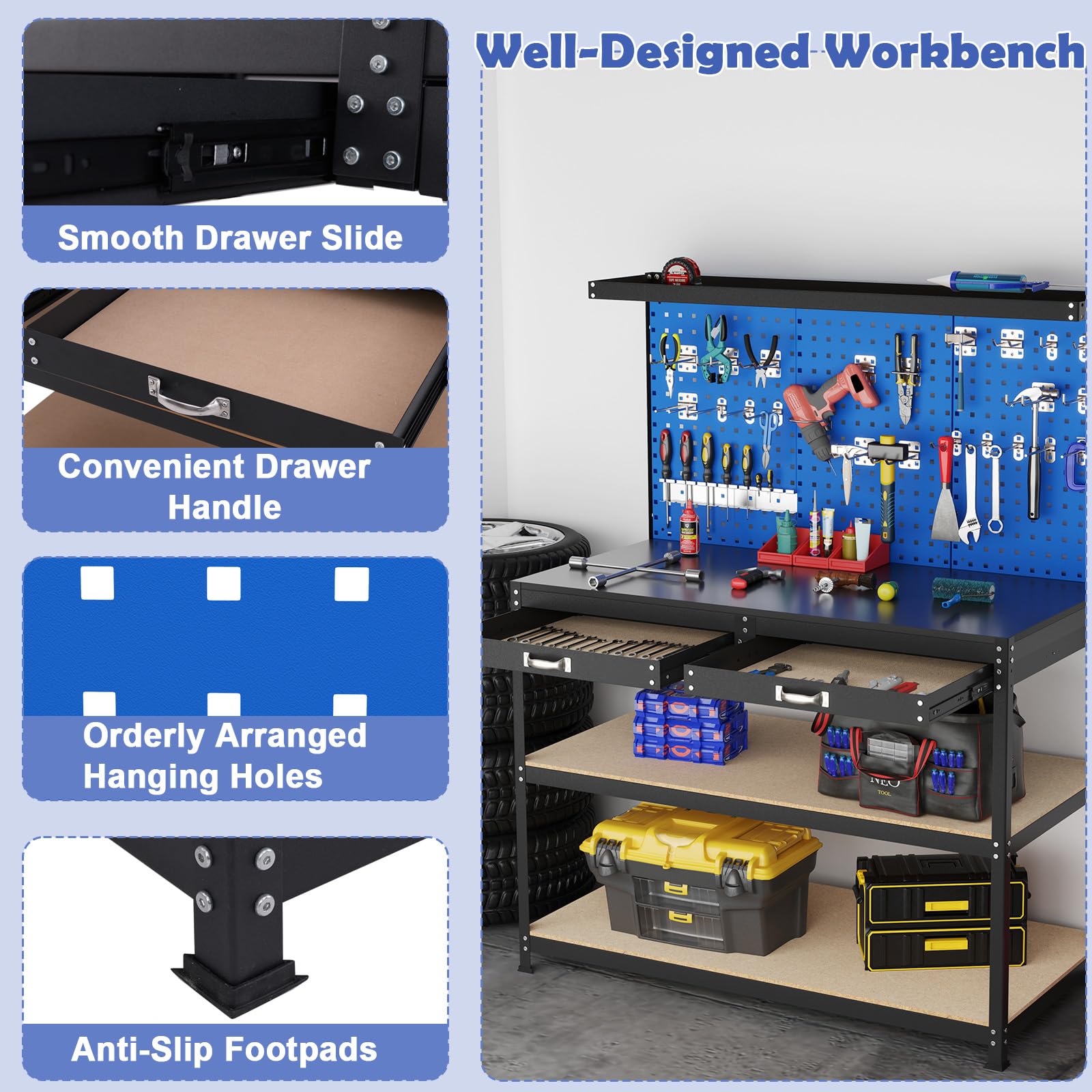 48" x 24" Workbench Work Table with 3 PCs Pegboard, Drawer & Shelves, 24 Hanging Accessories, 506 LBS Heavy-Duty Metal Tool Work Station