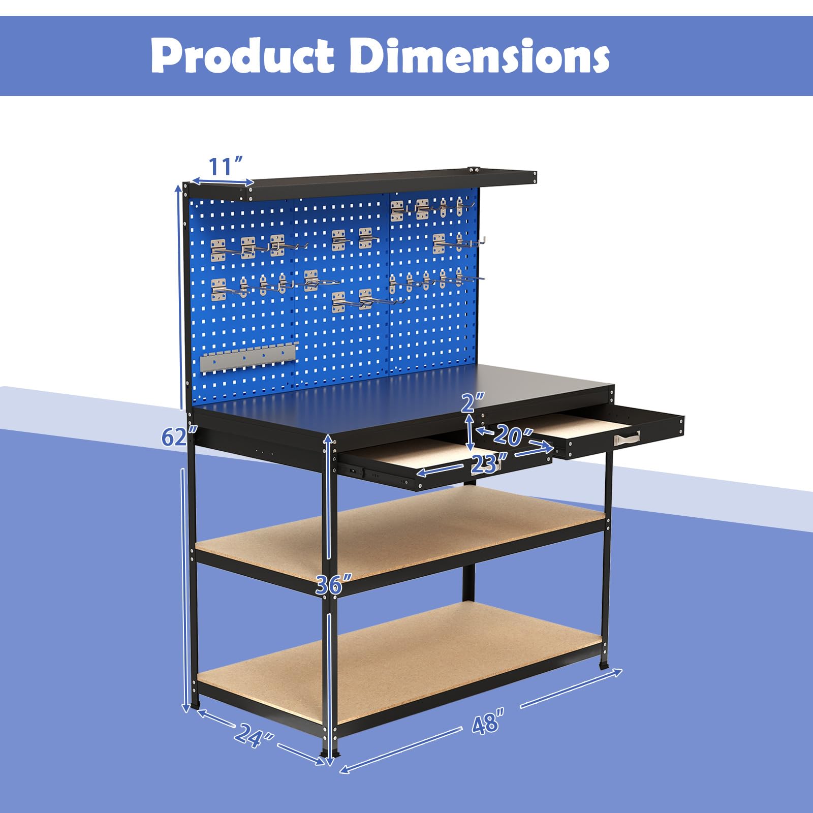 48" x 24" Workbench Work Table with 3 PCs Pegboard, Drawer & Shelves, 24 Hanging Accessories, 506 LBS Heavy-Duty Metal Tool Work Station
