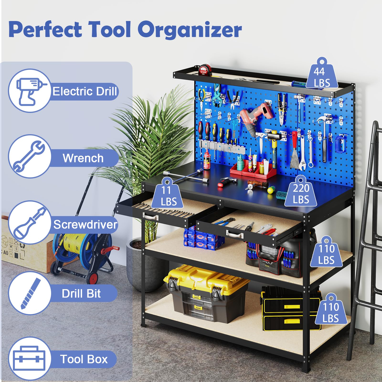48" x 24" Workbench Work Table with 3 PCs Pegboard, Drawer & Shelves, 24 Hanging Accessories, 506 LBS Heavy-Duty Metal Tool Work Station