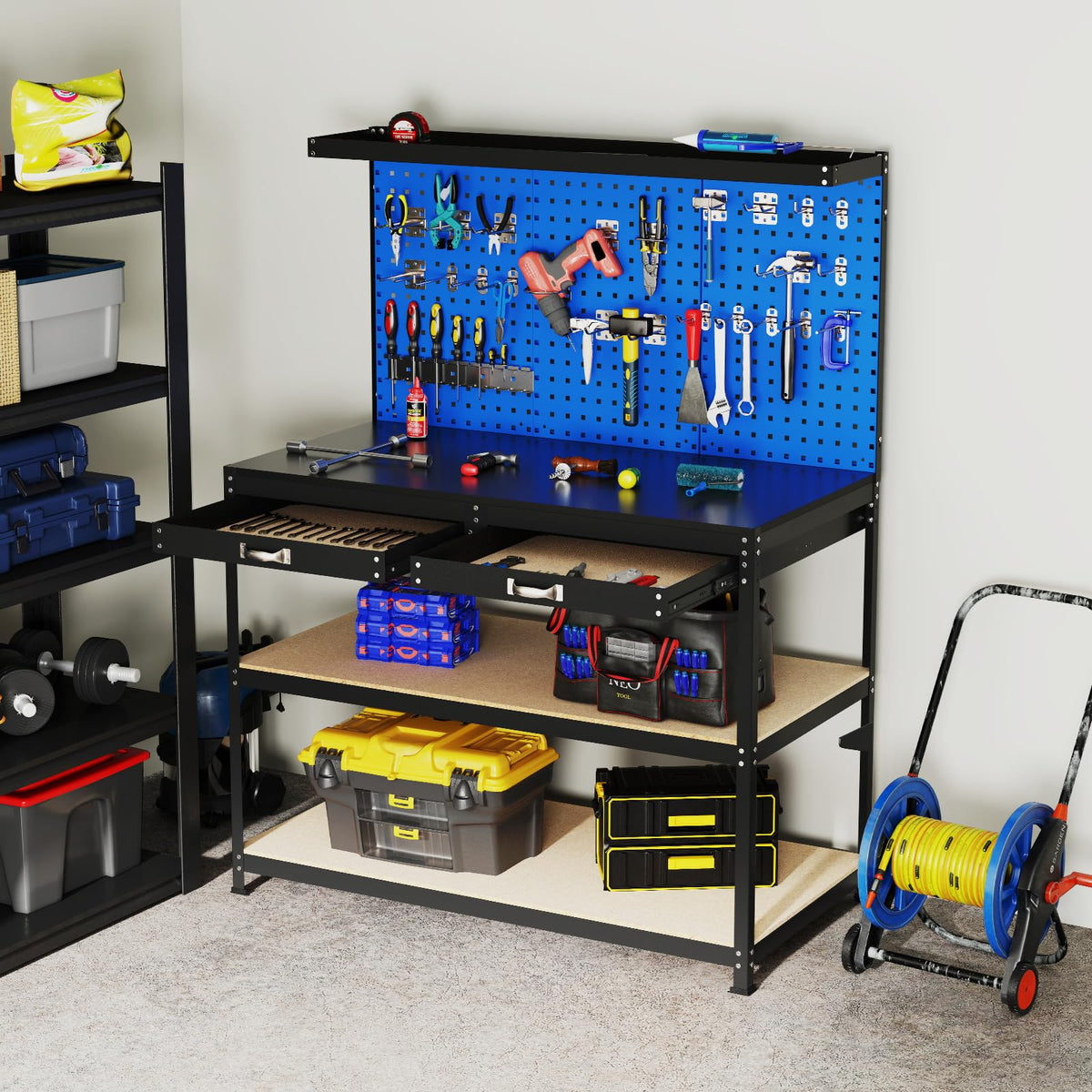 48" x 24" Workbench Work Table with 3 PCs Pegboard, Drawer & Shelves, 24 Hanging Accessories, 506 LBS Heavy-Duty Metal Tool Work Station
