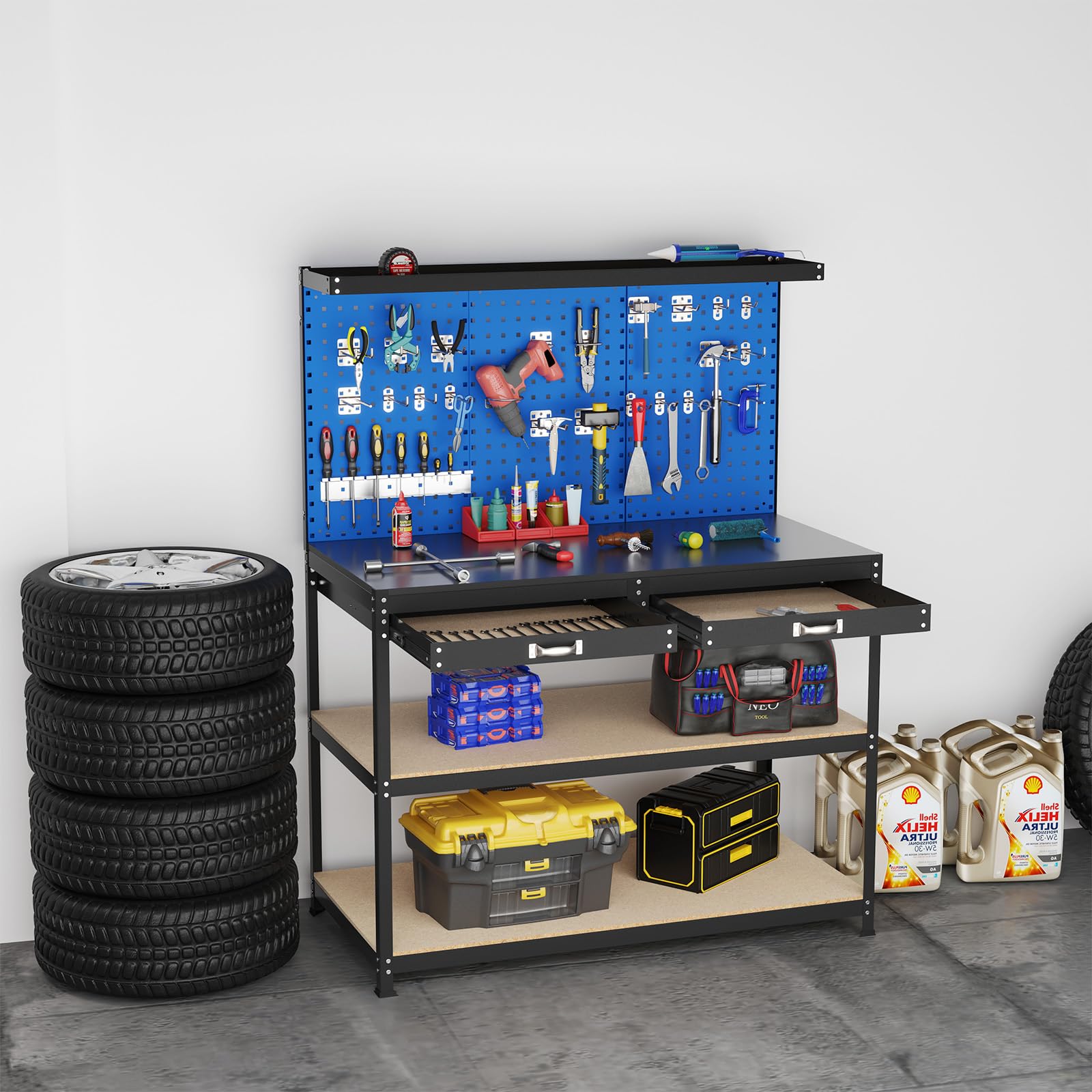 48" x 24" Workbench Work Table with 3 PCs Pegboard, Drawer & Shelves, 24 Hanging Accessories, 506 LBS Heavy-Duty Metal Tool Work Station