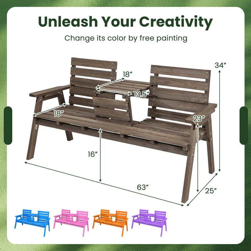 2-3 Person Outdoor Fir Wood Garden Bench with Foldable Middle Table, Backrest & Armrests, Slatted Seat Bench for Patio Porch, Backyard