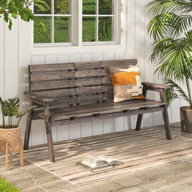 2-3 Person Outdoor Fir Wood Garden Bench with Foldable Middle Table, Backrest & Armrests, Slatted Seat Bench for Patio Porch, Backyard