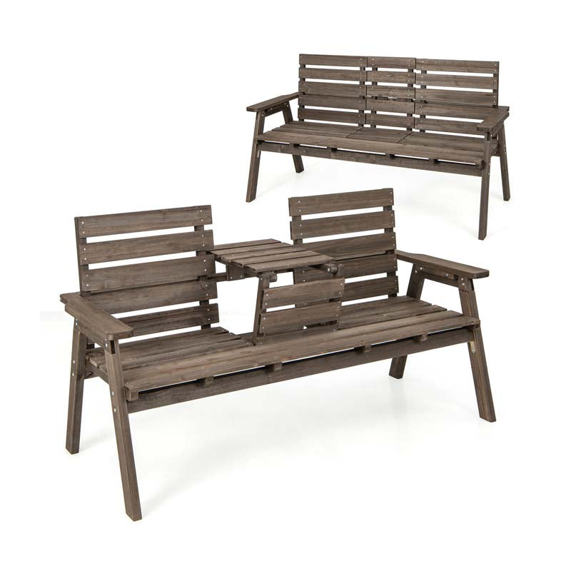 2-3 Person Outdoor Fir Wood Garden Bench with Foldable Middle Table, Backrest & Armrests, Slatted Seat Bench for Patio Porch, Backyard