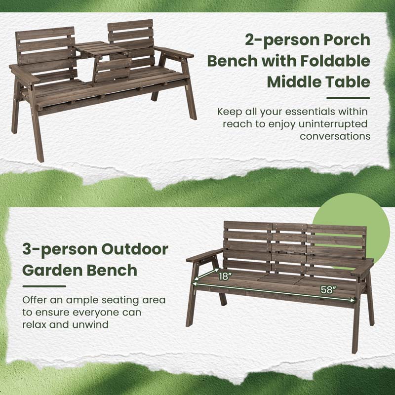 2-3 Person Outdoor Fir Wood Garden Bench with Foldable Middle Table, Backrest & Armrests, Slatted Seat Bench for Patio Porch, Backyard
