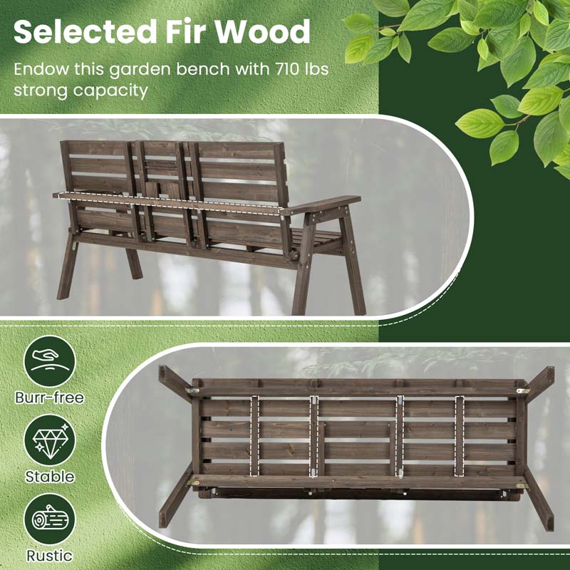 2-3 Person Outdoor Fir Wood Garden Bench with Foldable Middle Table, Backrest & Armrests, Slatted Seat Bench for Patio Porch, Backyard