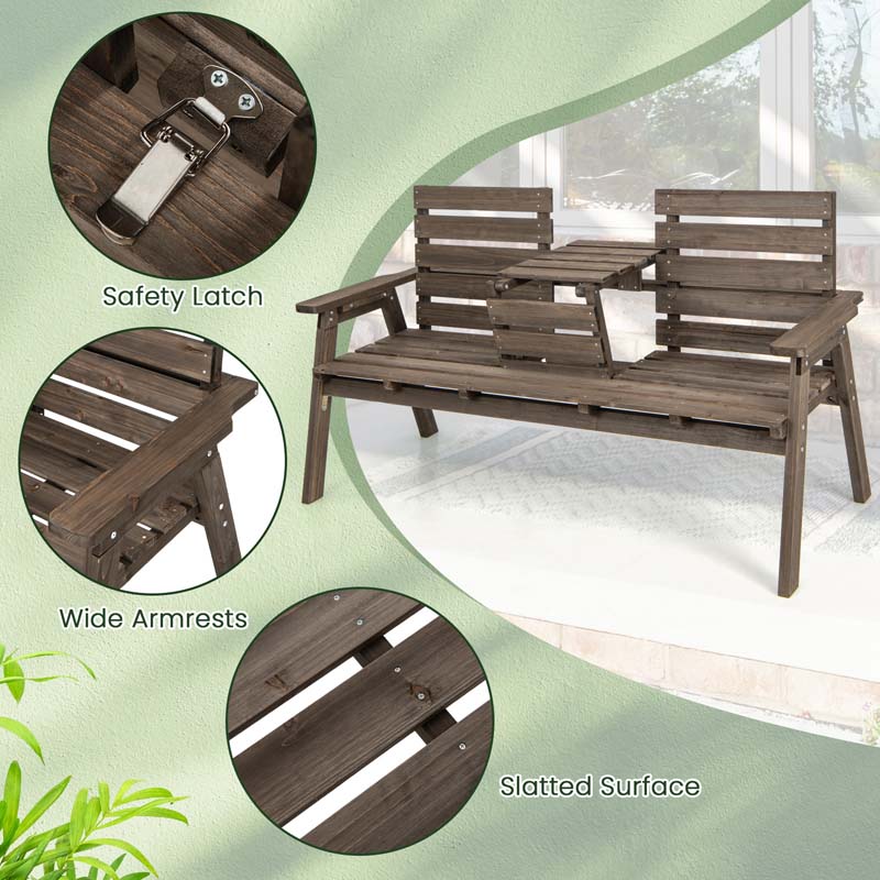 2-3 Person Outdoor Fir Wood Garden Bench with Foldable Middle Table, Backrest & Armrests, Slatted Seat Bench for Patio Porch, Backyard