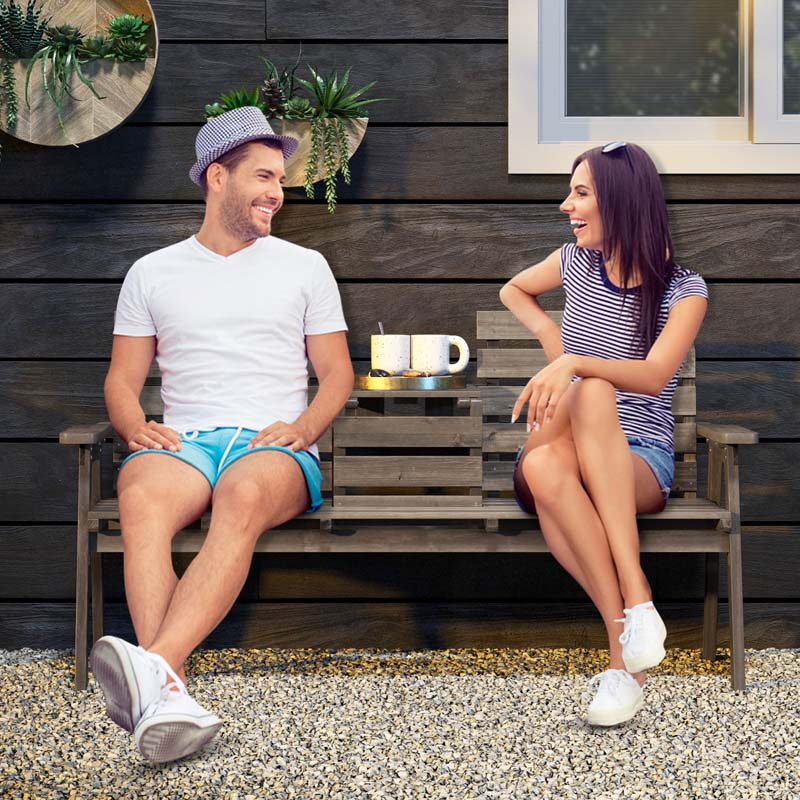 2-3 Person Outdoor Fir Wood Garden Bench with Foldable Middle Table, Backrest & Armrests, Slatted Seat Bench for Patio Porch, Backyard