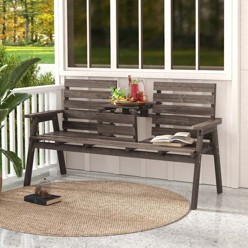 2-3 Person Outdoor Fir Wood Garden Bench with Foldable Middle Table, Backrest & Armrests, Slatted Seat Bench for Patio Porch, Backyard