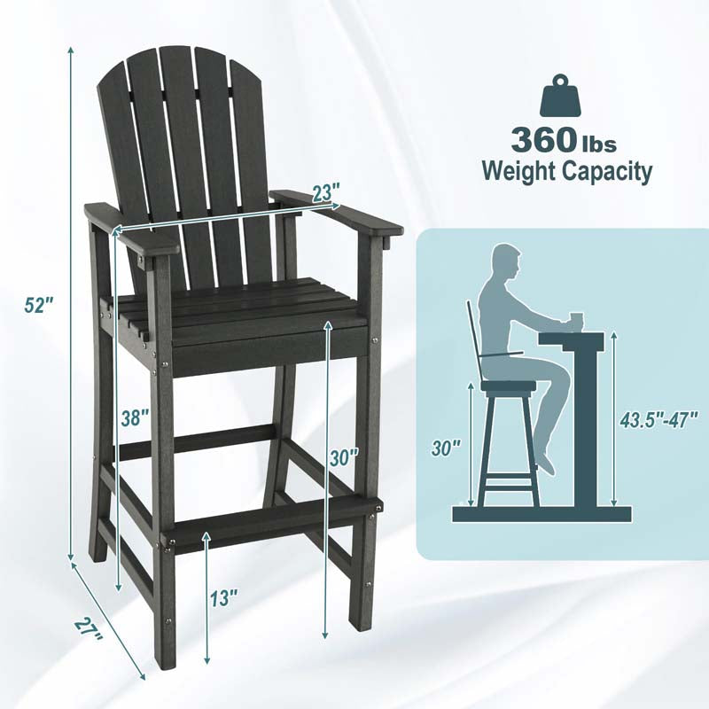 Outdoor HDPE Tall Adirondack Chairs with Armrests & Footrest, 30" Counter Height Bar Stools for Garden Backyard