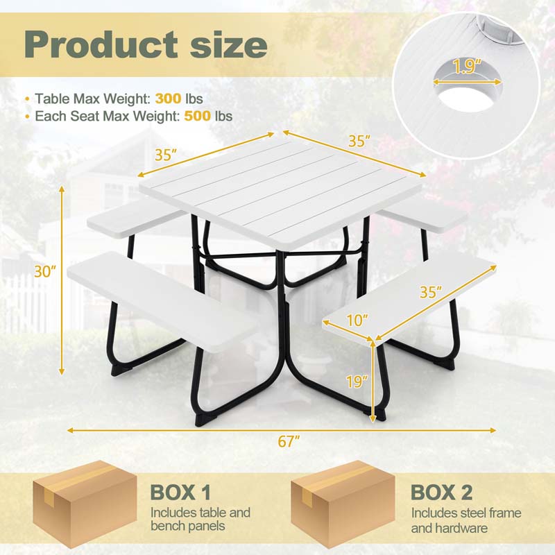 8 Person HDPE Outside Table & Bench Set, Outdoor Square Picnic Table with 4 Built-in Benches, Umbrella Hole, Metal Frame