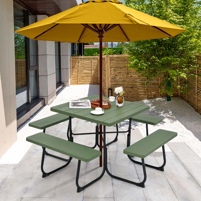 8 Person HDPE Outside Table & Bench Set, Outdoor Square Picnic Table with 4 Built-in Benches, Umbrella Hole, Metal Frame