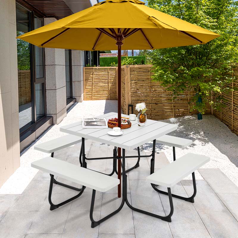 8 Person HDPE Outside Table & Bench Set, Outdoor Square Picnic Table with 4 Built-in Benches, Umbrella Hole, Metal Frame