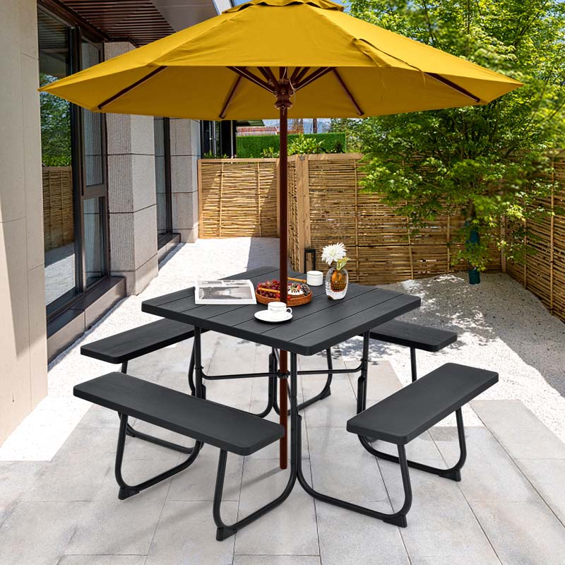 8 Person HDPE Outside Table & Bench Set, Outdoor Square Picnic Table with 4 Built-in Benches, Umbrella Hole, Metal Frame