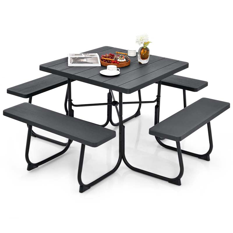 8 Person HDPE Outside Table & Bench Set, Outdoor Square Picnic Table with 4 Built-in Benches, Umbrella Hole, Metal Frame