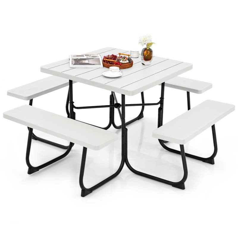 8 Person HDPE Outside Table & Bench Set, Outdoor Square Picnic Table with 4 Built-in Benches, Umbrella Hole, Metal Frame