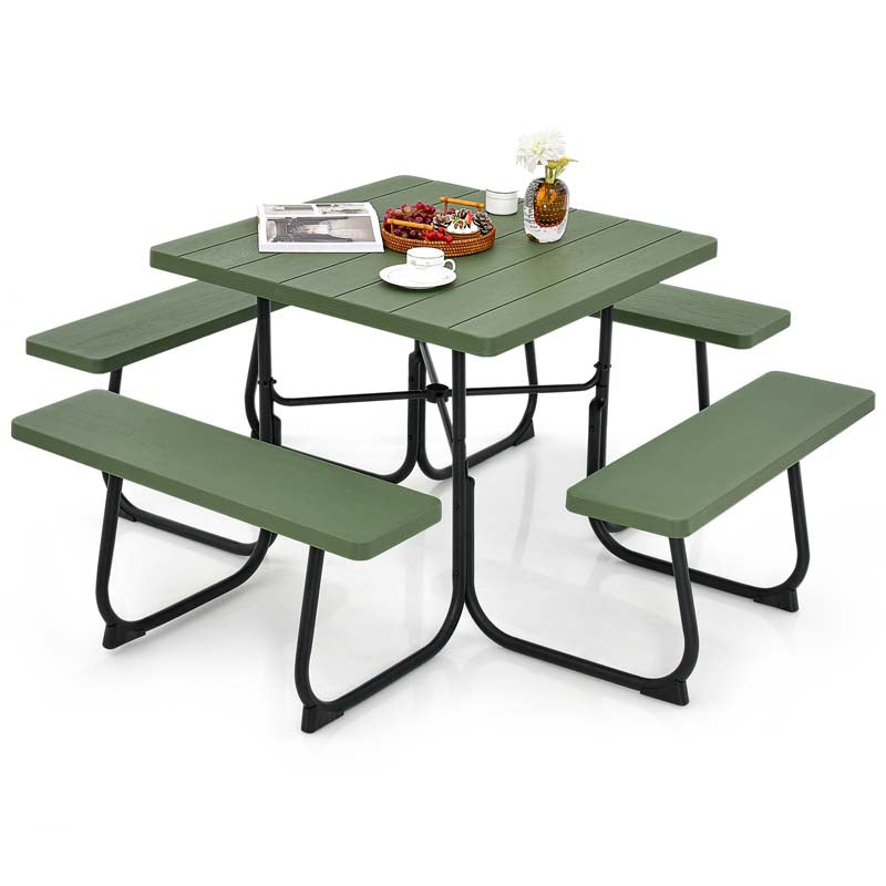 8 Person Square Picnic Table and Bench Set, Outdoor HDPE Patio Dining Set with Umbrella Hole & Metal Frame, 2000lbs Capacity for Backyard