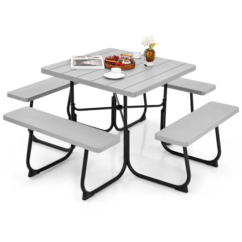 8 Person Square Picnic Table and Bench Set, Outdoor HDPE Patio Dining Set with Umbrella Hole & Metal Frame, 2000lbs Capacity for Backyard