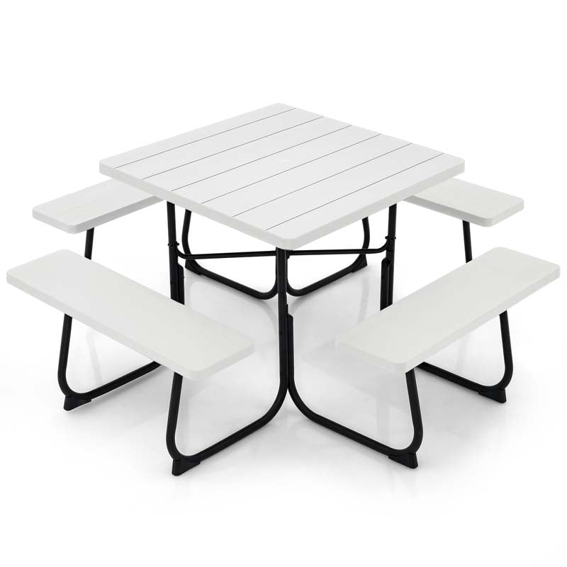8 Person HDPE Outside Table & Bench Set, Outdoor Square Picnic Table with 4 Built-in Benches, Umbrella Hole, Metal Frame
