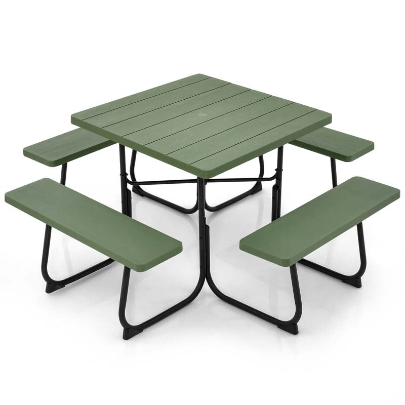 8 Person HDPE Outside Table & Bench Set, Outdoor Square Picnic Table with 4 Built-in Benches, Umbrella Hole, Metal Frame