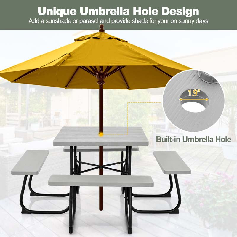 8 Person HDPE Outside Table & Bench Set, Outdoor Square Picnic Table with 4 Built-in Benches, Umbrella Hole, Metal Frame