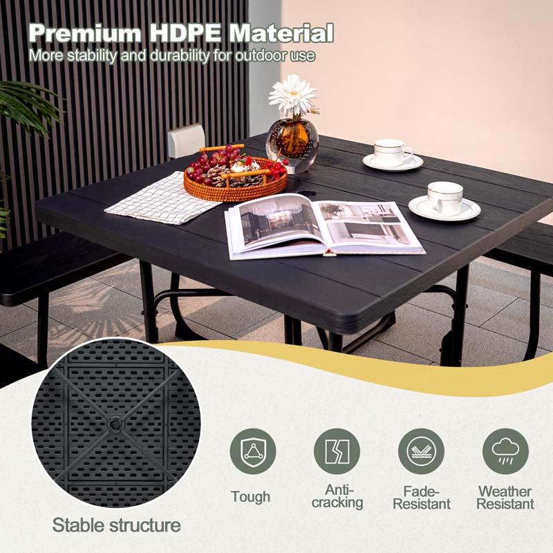 8 Person HDPE Outside Table & Bench Set, Outdoor Square Picnic Table with 4 Built-in Benches, Umbrella Hole, Metal Frame