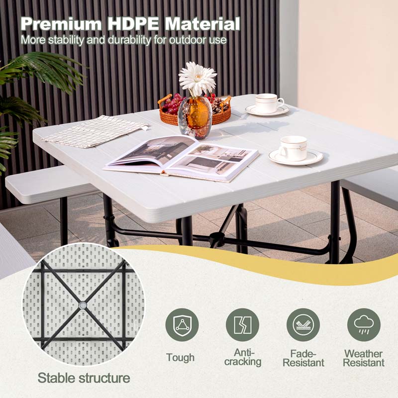 8 Person HDPE Outside Table & Bench Set, Outdoor Square Picnic Table with 4 Built-in Benches, Umbrella Hole, Metal Frame