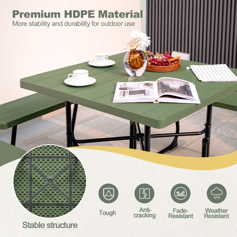 8 Person HDPE Outside Table & Bench Set, Outdoor Square Picnic Table with 4 Built-in Benches, Umbrella Hole, Metal Frame