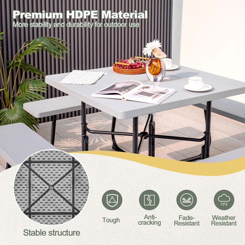 8 Person HDPE Outside Table & Bench Set, Outdoor Square Picnic Table with 4 Built-in Benches, Umbrella Hole, Metal Frame