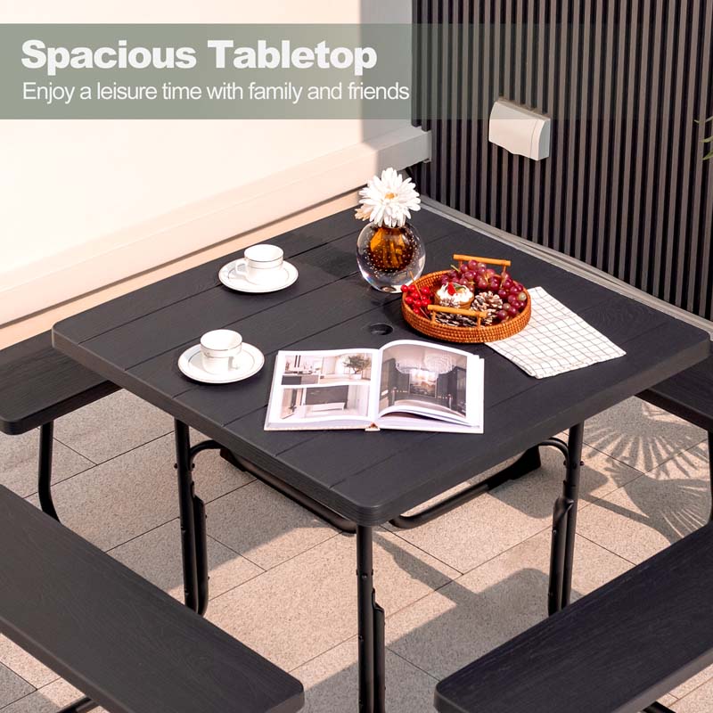 8 Person HDPE Outside Table & Bench Set, Outdoor Square Picnic Table with 4 Built-in Benches, Umbrella Hole, Metal Frame