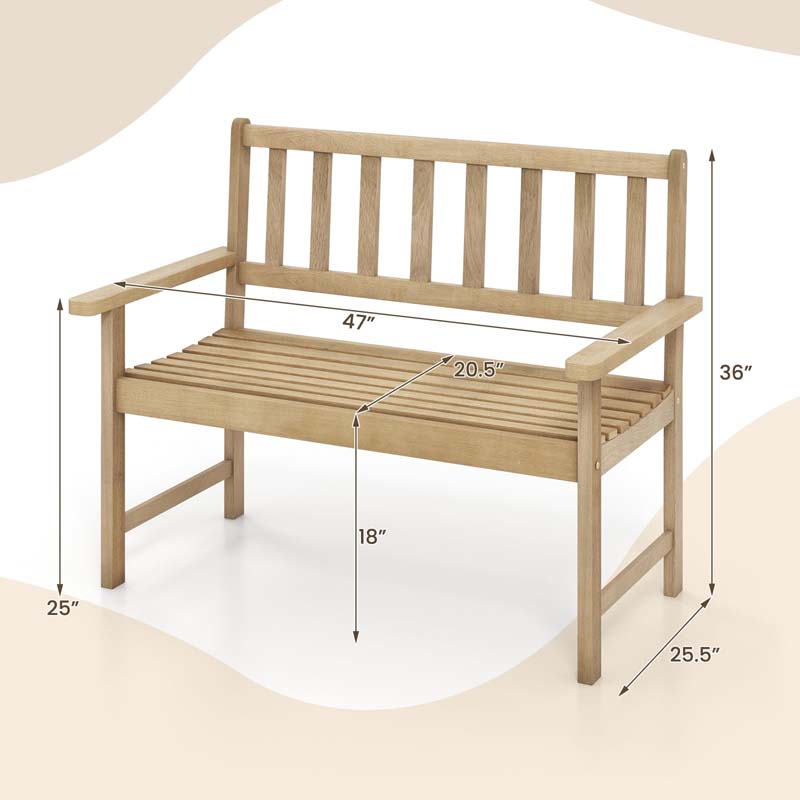 47"W Outdoor Teak Wood 2-Person Patio Garden Bench with Slatted Seat, Backrest and Armrests