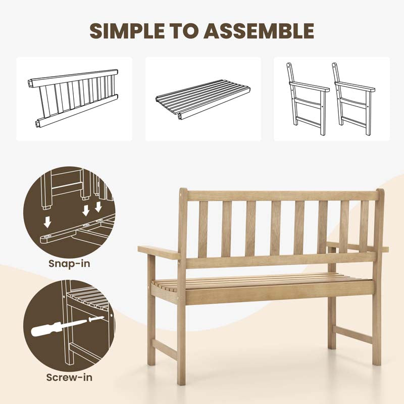 47"W Outdoor Teak Wood 2-Person Patio Garden Bench with Slatted Seat, Backrest and Armrests