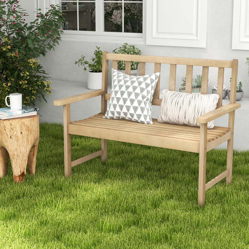 47"W Outdoor Teak Wood 2-Person Patio Garden Bench with Slatted Seat, Backrest and Armrests