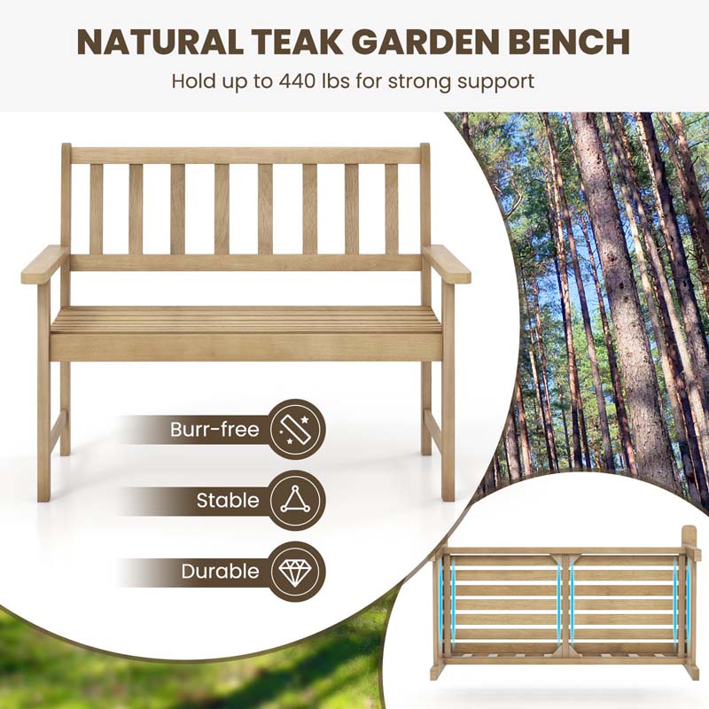 47"W Outdoor Teak Wood 2-Person Patio Garden Bench with Slatted Seat, Backrest and Armrests